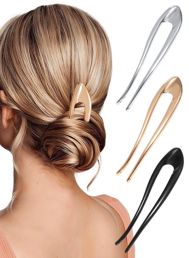 CHLINS French Hair Pins for Women 3 PCS Metal U-Shaped Hair Forks Sticks for Buns,Twist, Chignon & Updos – Secure All-Day Hold - Image 1